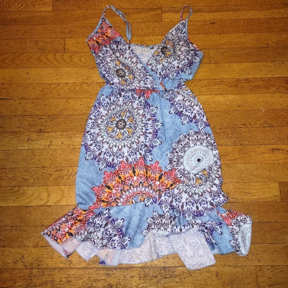 Whimsical Patterned Midi Length Ruffle Blue Dress Adj. Straps Size Medium